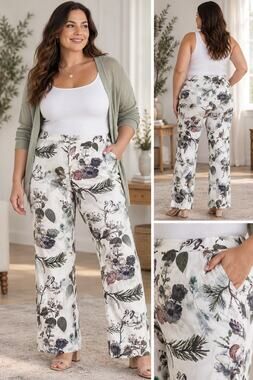 ASOS 2XL W42 Bird Floral Botanical Print Trousers Pants Cream Stretch